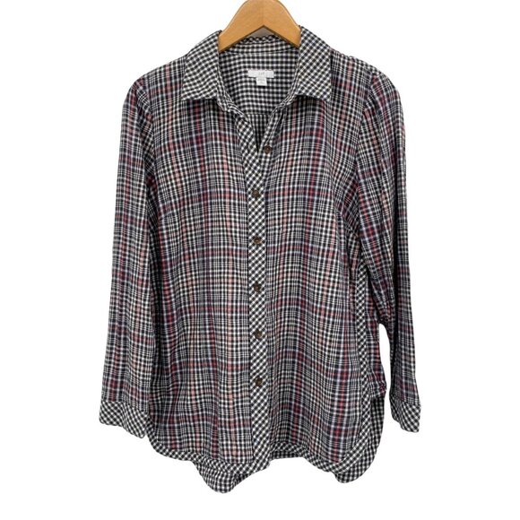 J. Jill Tops - J Jill Button Front Shirt Womens Small Black White Red Plaid 100% Cotton Flannel